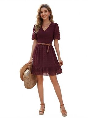 NWT Burgundy Swiss Dot Fit & Flare Dress V-Neck Smocked Waist